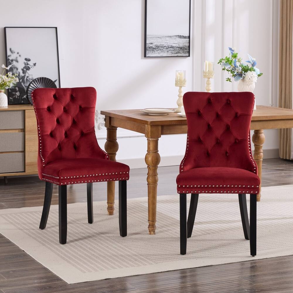 Alt View 9. Loheer - Loheer Burgundy Velvet Tufted Dining Chairs Set of 2 High Back Solid Wood Legs - Burgundy.