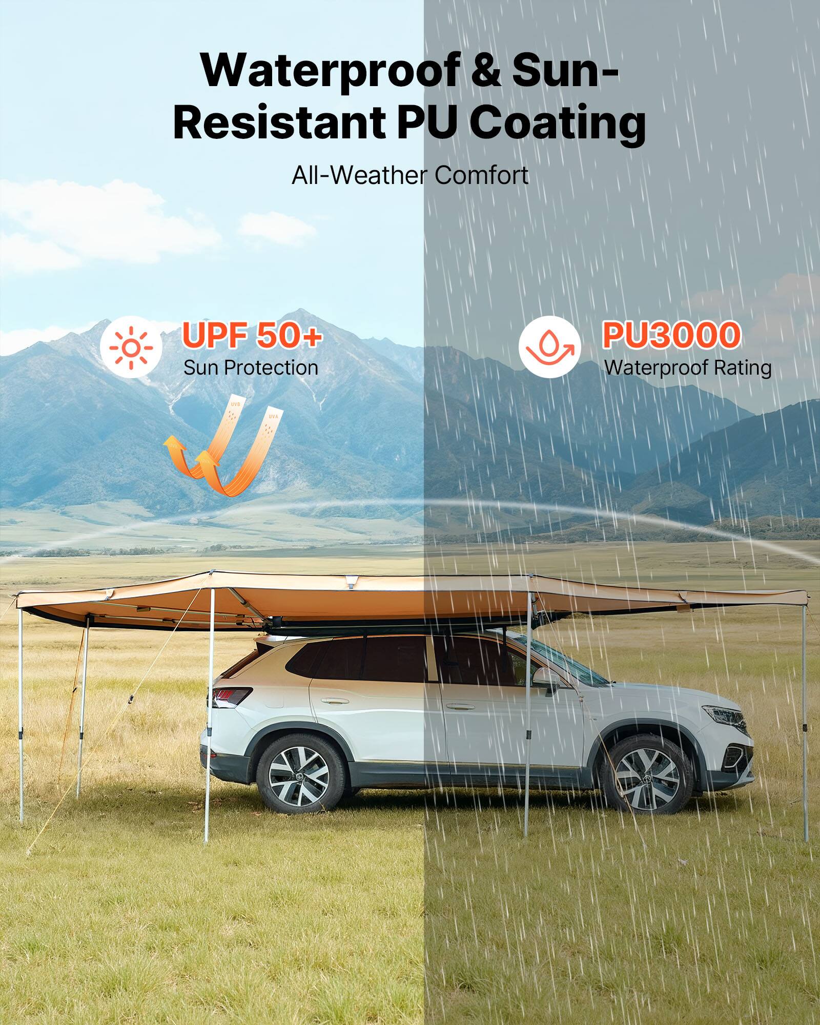 Waterproof & Sun-Resistant PU Coating  
All-Weather Comfort  
UPF 50+ Sun Protection  
PU3000 Waterproof Rating