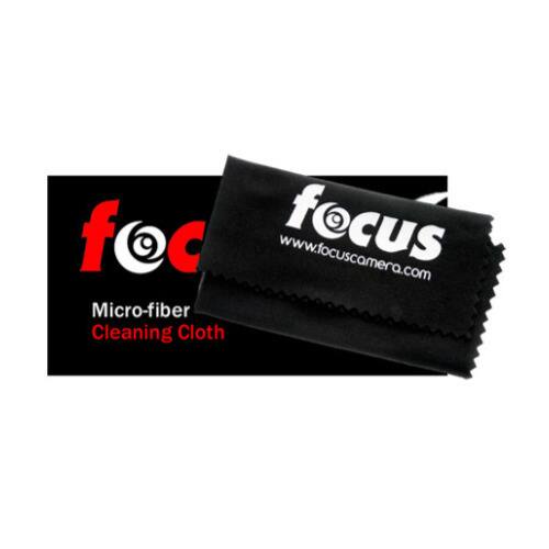 The text on the image reads "foc f www.focuscamera.com focus Micro-fiber Cleaning Cloth." The correct text would be "Micro-fiber Cleaning Cloth foc f www.focuscamera.com."