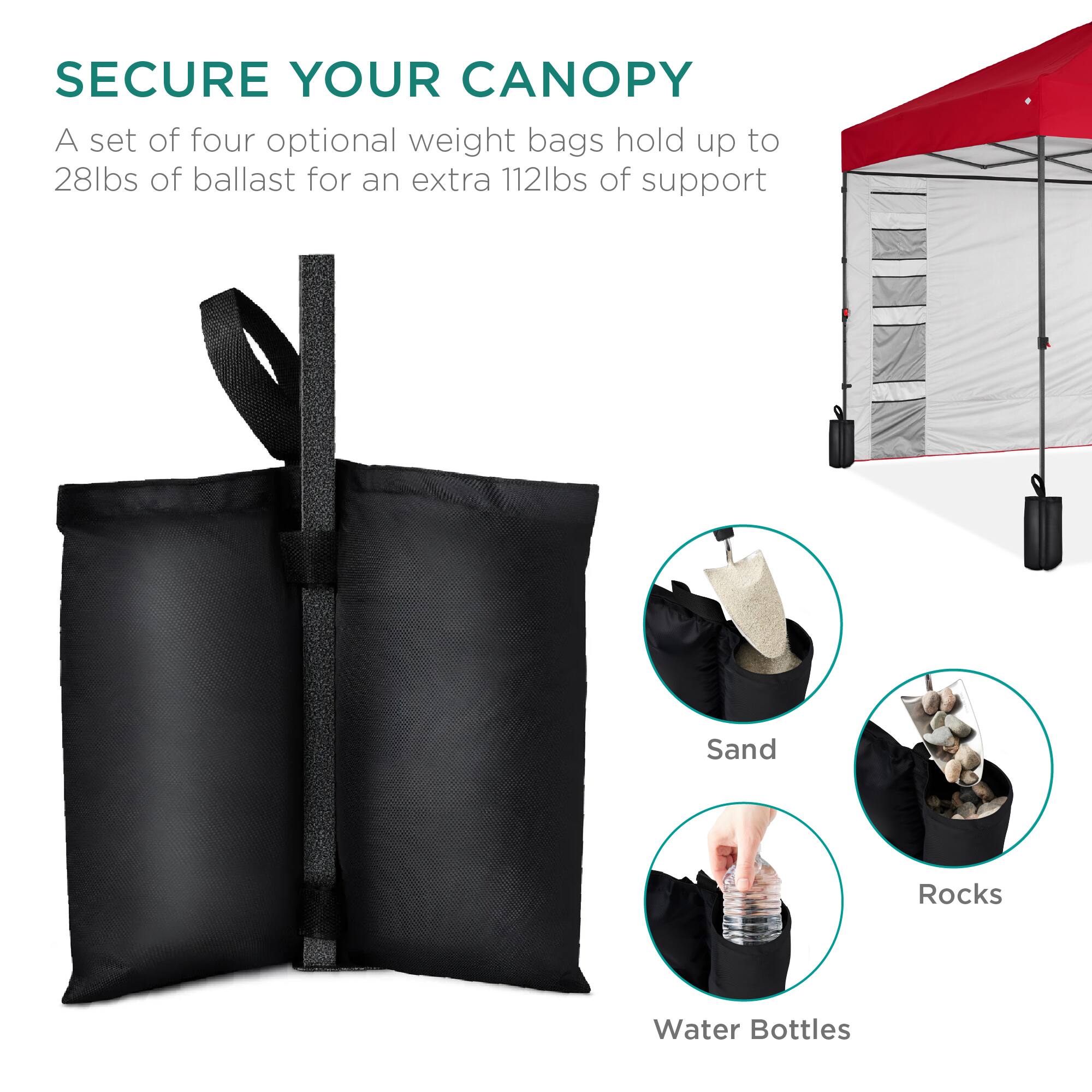 SECURE YOUR CANOPY

A set of four optional weight bags hold up to 28lbs of ballast for an extra 112lbs of support

Sand  
Rocks  
Water Bottles