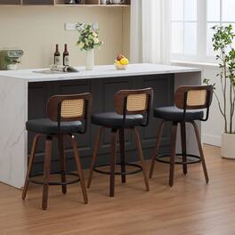 APRILSOUL - Set of 3 Counter Height Bar Stools 26 inch Rattan Cane Back Upholstered Seat Walnut Swivel - Black
