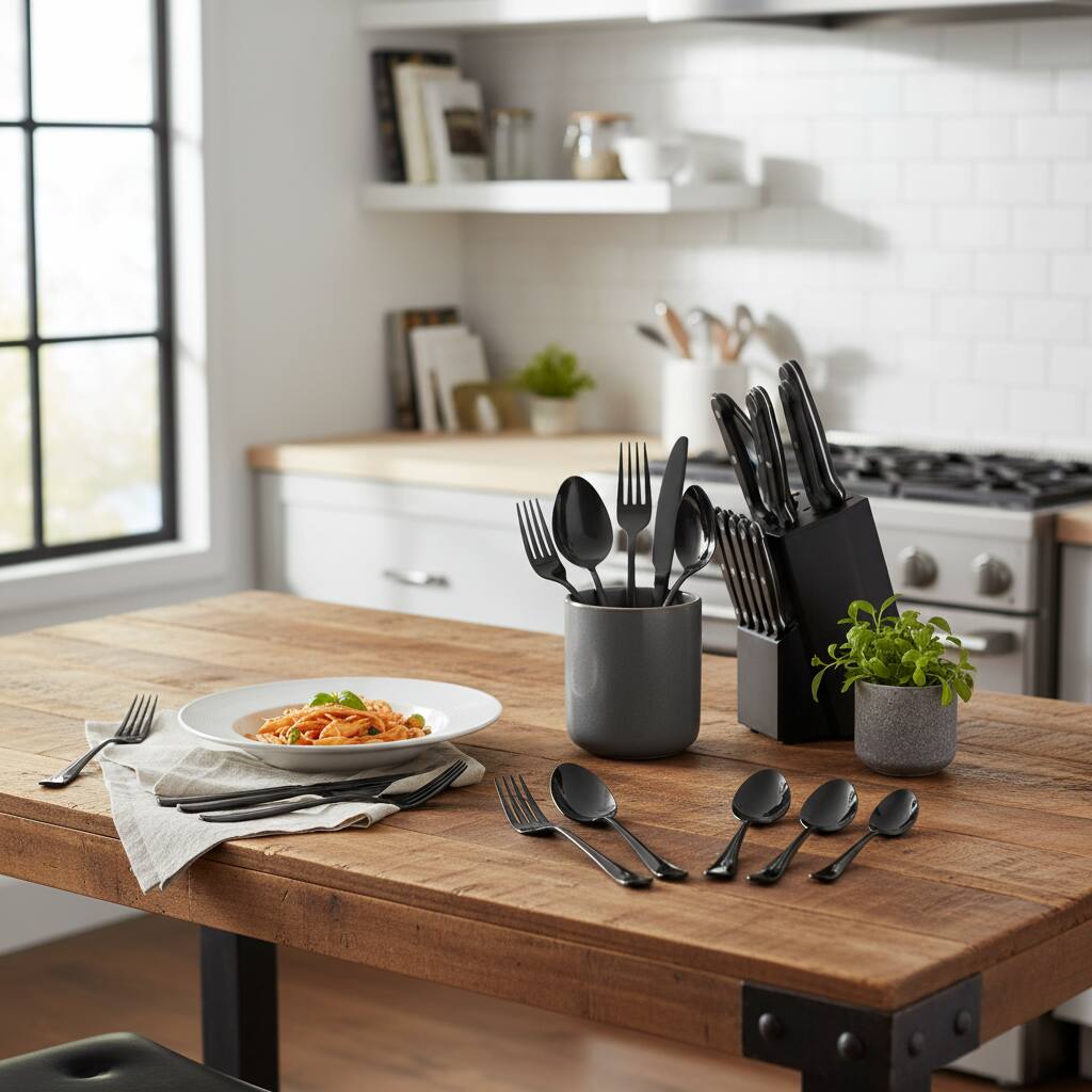 Alt View 1. Dazzed Corner - 24-Piece Black Silverware Set,Set for 4 - Black.