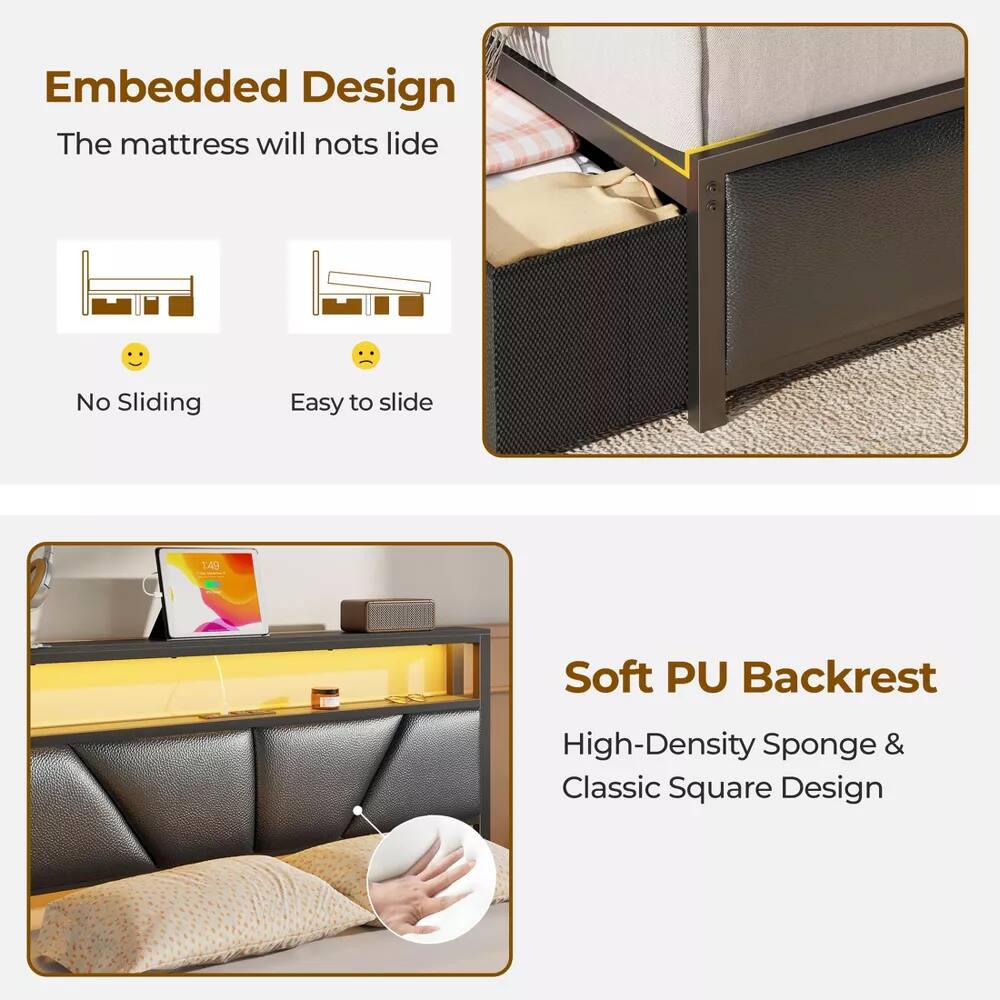 Embedded Design  
The mattress will not slide

No Sliding  
Easy to slide

1.49  
Soft PU Backrest  
High-Density Sponge & Classic Square Design