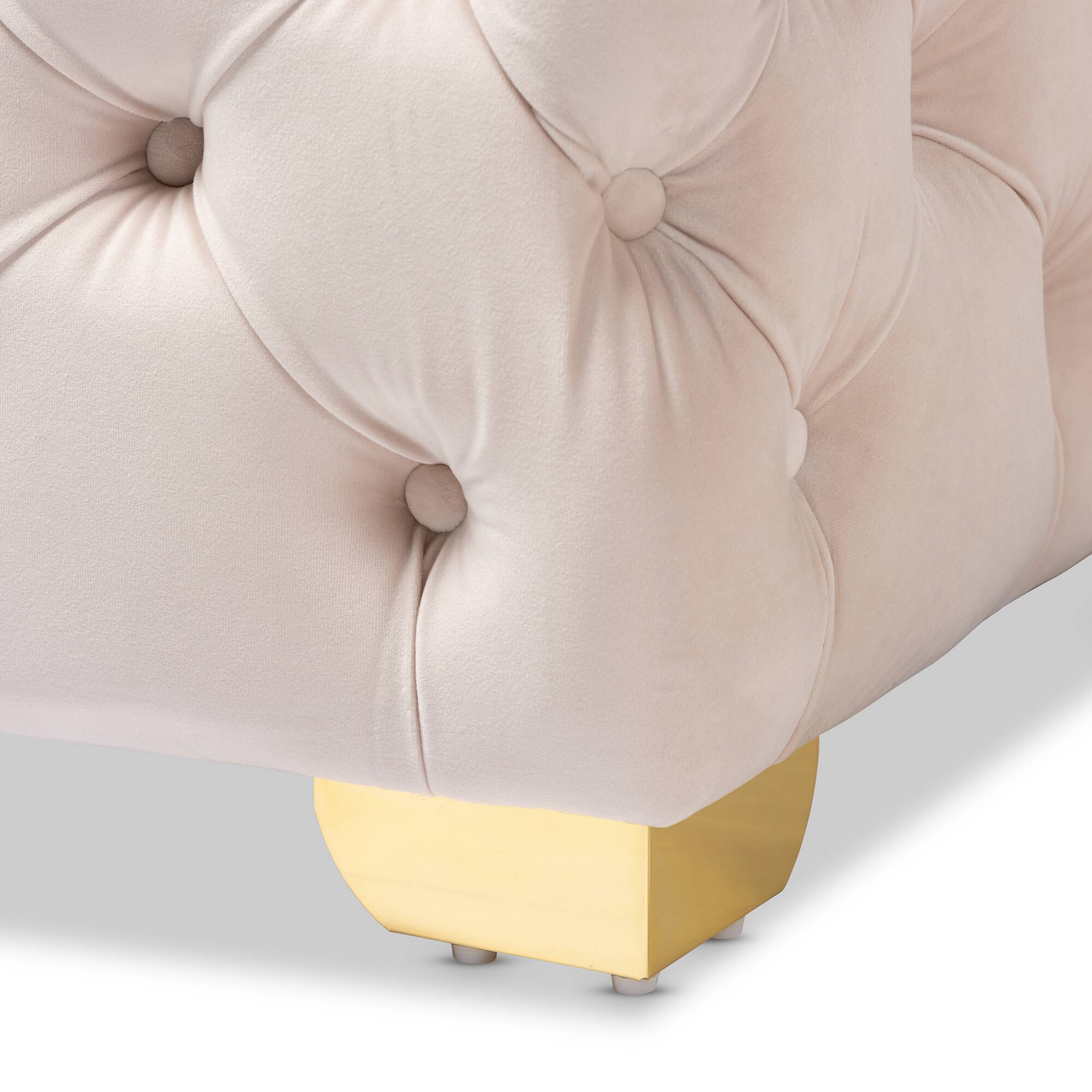 Back. Baxton Studio - Avara Glam and Luxe Velvet Fabric Upholstered Gold Finished Button Tufted Ottoman - Light Beige/Gold.