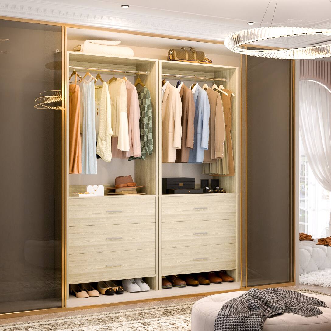 Alt View 3. Aheaplus - 4FT Closet Organizer with Hanging Rods and Drawers, Clothes Rack for Small Space, Set of 2 - Beige Oak.