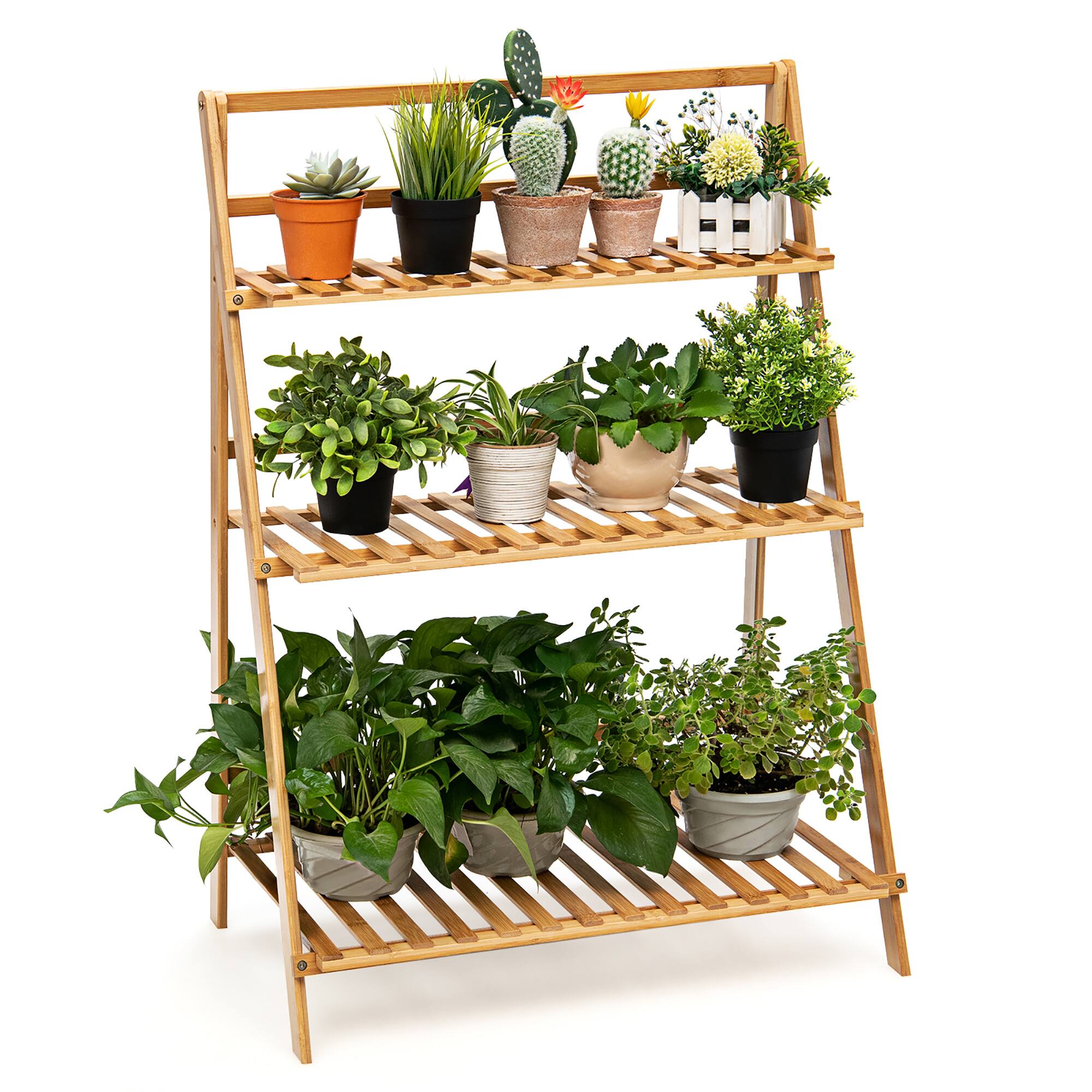Alt View 7. Costway - Bamboo Ladder Plant Stand 3-Tier Foldable Flower Pot Display Shelf Rack - Natural.
