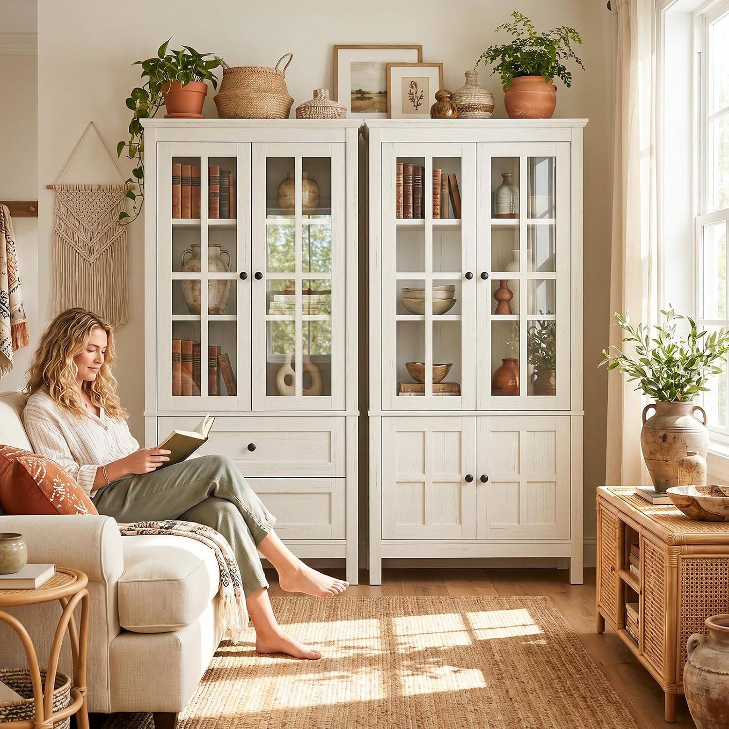 Left. Aheaplus - 63'' Tall Farmhouse Pantry Storage Cabinet 2 Piece Set, Kitchen Pantry with 2 Drawers and Adjustable Shelves, 2 Packs - Rustic White.