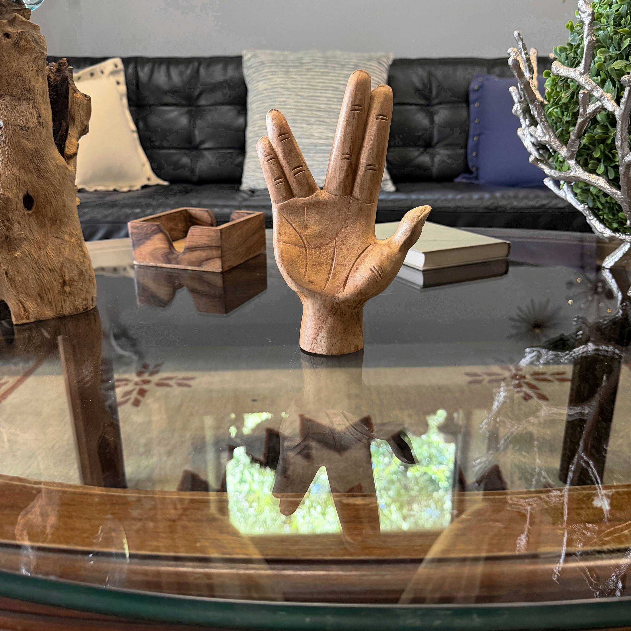 Alt View 4. Zeckos - Split-Finger Hand Sculpture Carved Natural Albesia Wood 7.75 Inch Tabletop - Natural.