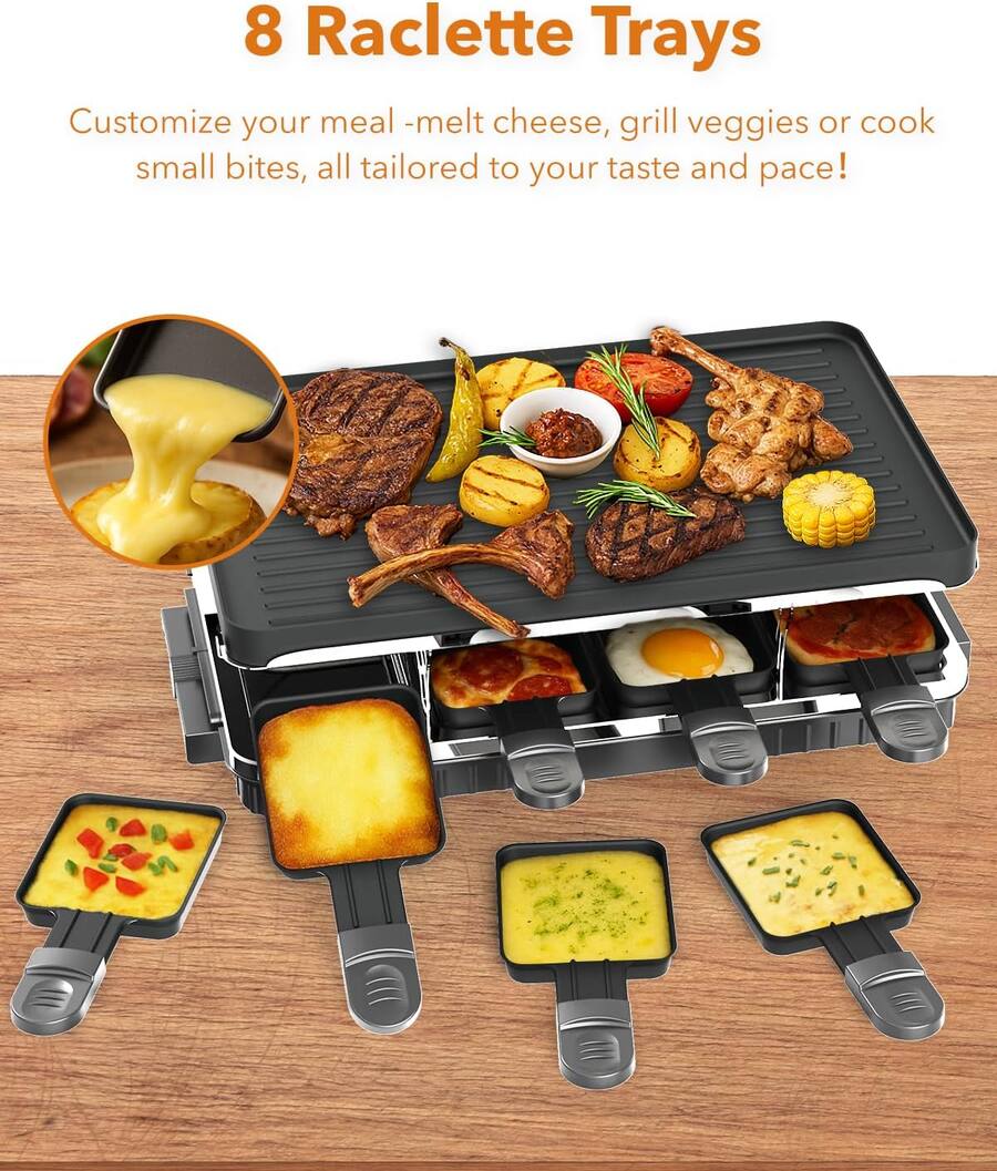 Max Raclette HBN Electric Raclette Grill, 2 in 1 BBQ & Griddle, 8 Trays, Nonstick ...