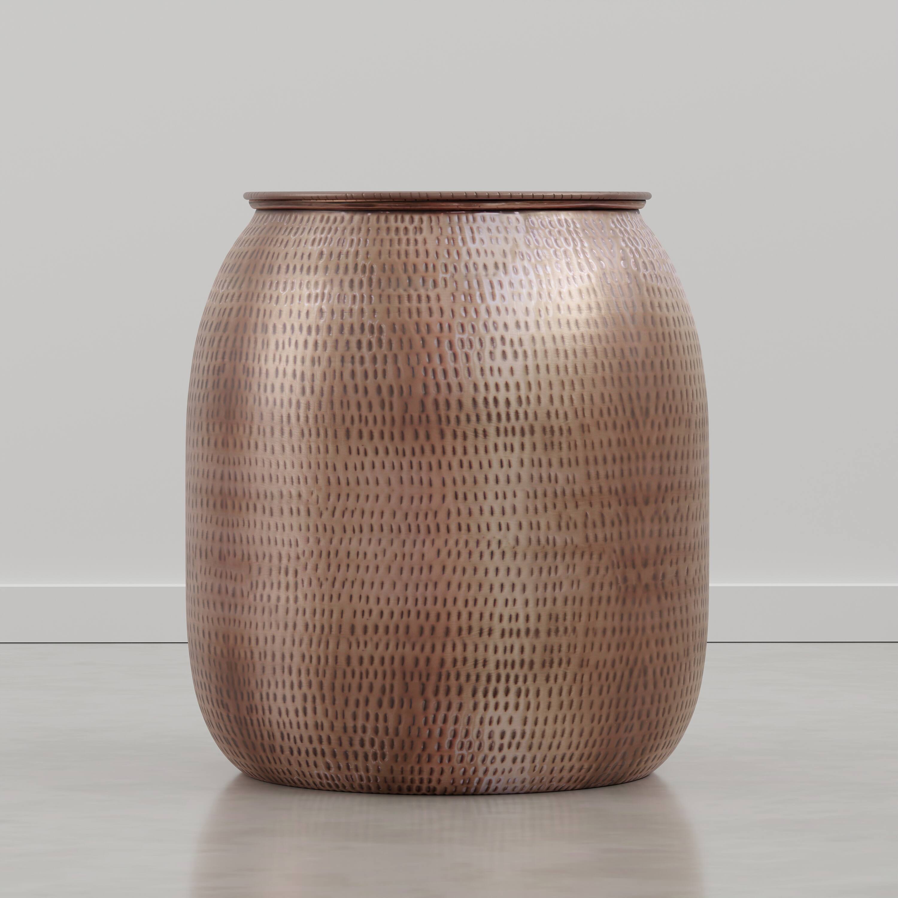 Left. Simpli Home - Griffen 19 inch Wide Solid Metal Drum Storage Accent Table, Burnished Copper - Burnished Copper.