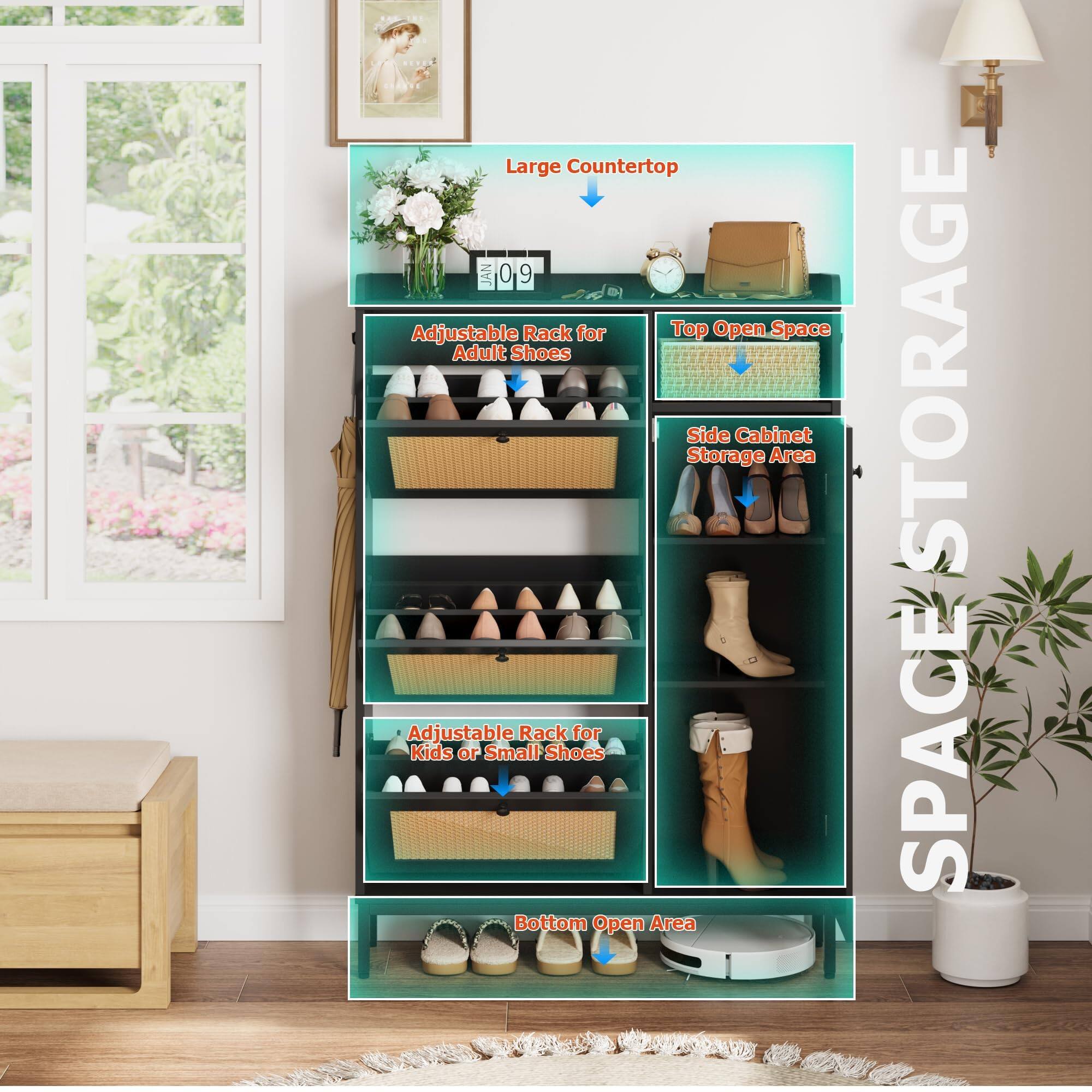 Large Countertop

Adjustable Rack for Adult Shoes

Top Open Space

Side Cabinet Storage Area

Adjustable Rack for Kids or Small Shoes

Bottom Open Area

Storage Space