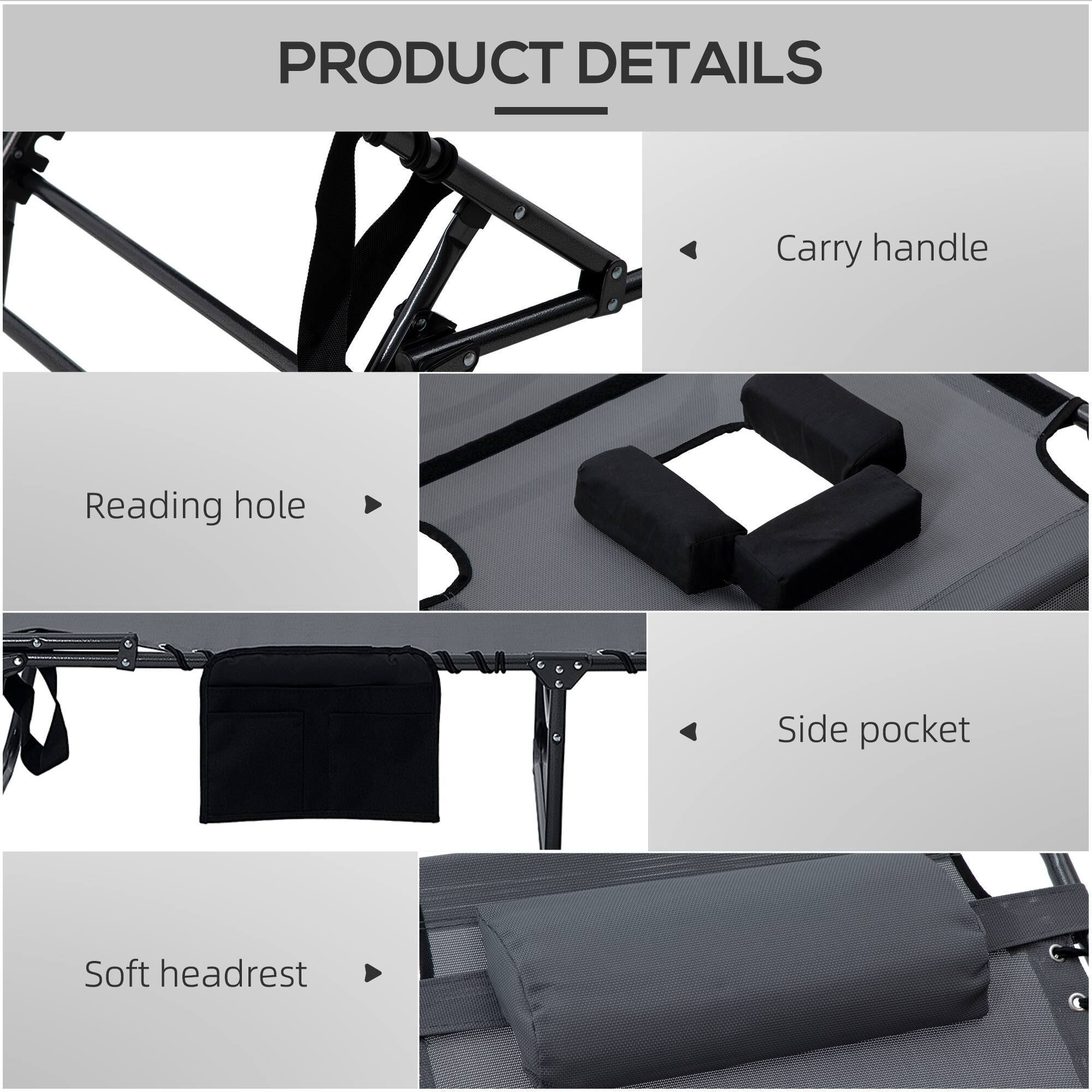 PRODUCT DETAILS

- Carry handle
- Reading hole
- Side pocket
- Soft headrest