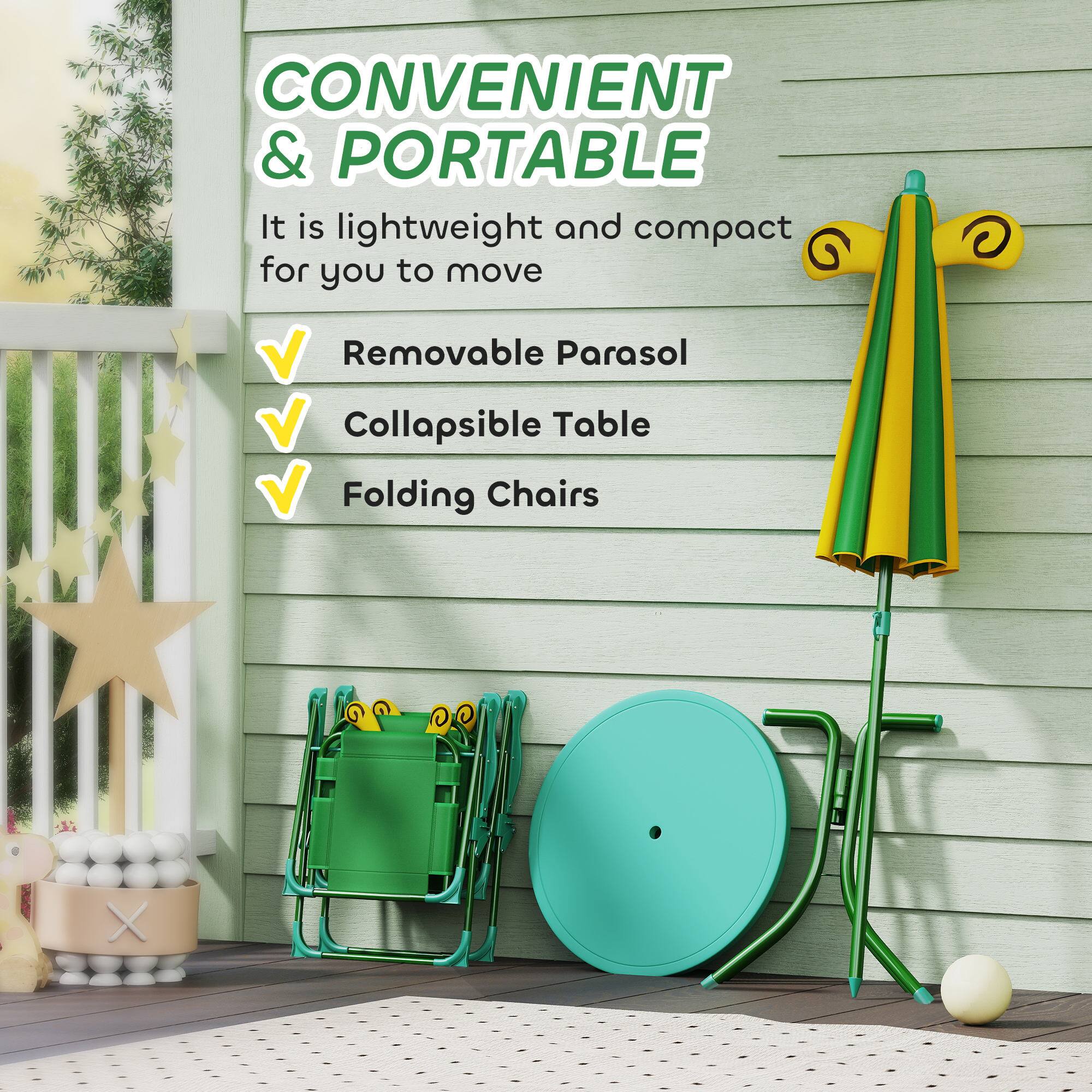 CONVENIENT & PORTABLE  
It is lightweight and compact for you to move  

✓ Removable Parasol  
✓ Collapsible Table  
✓ Folding Chairs