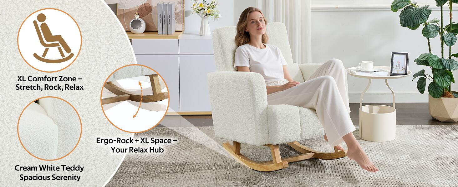 - XL Comfort Zone – Stretch, Rock, Relax
- Ergo-Rock + XL Space – Your Relax Hub
- Cream White Teddy Spacious Serenity