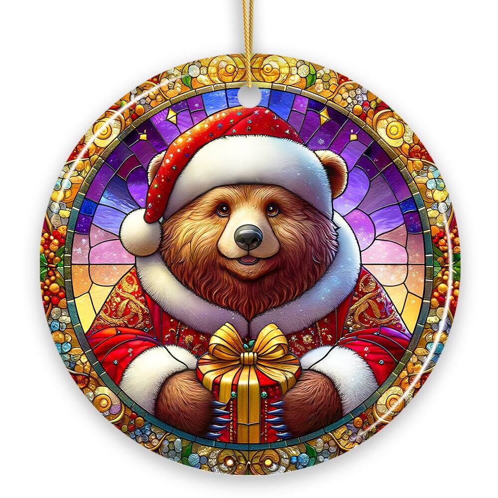 OrnamentallyYou - Santa Bear Stained Glass Style Ceramic Ornament Christmas Gift and Decor - Multi-colored