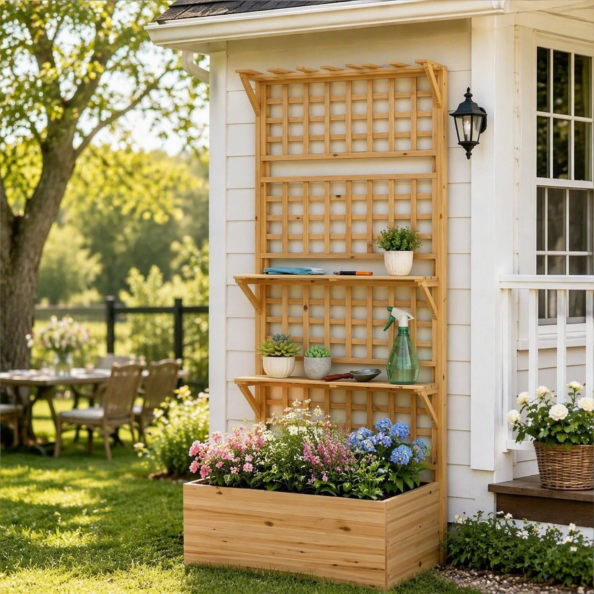 Angle. RYHNUYNE - Wooden Raised Garden Bed with Trellis and Storage Shelves, Fir Wood Planter Box for Climbing Plants, Natural - Natural Wood.