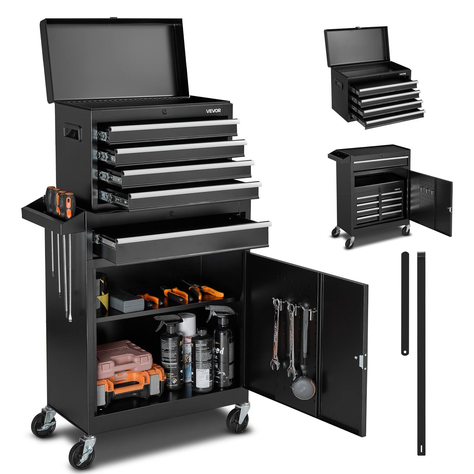 Front. VEVOR - Rolling Tool Chest with 2-in-1 Design, 5-Drawer Tool Cabinet Organizer Featuring Detachable Top Toolbox, Locking Bar - Black.