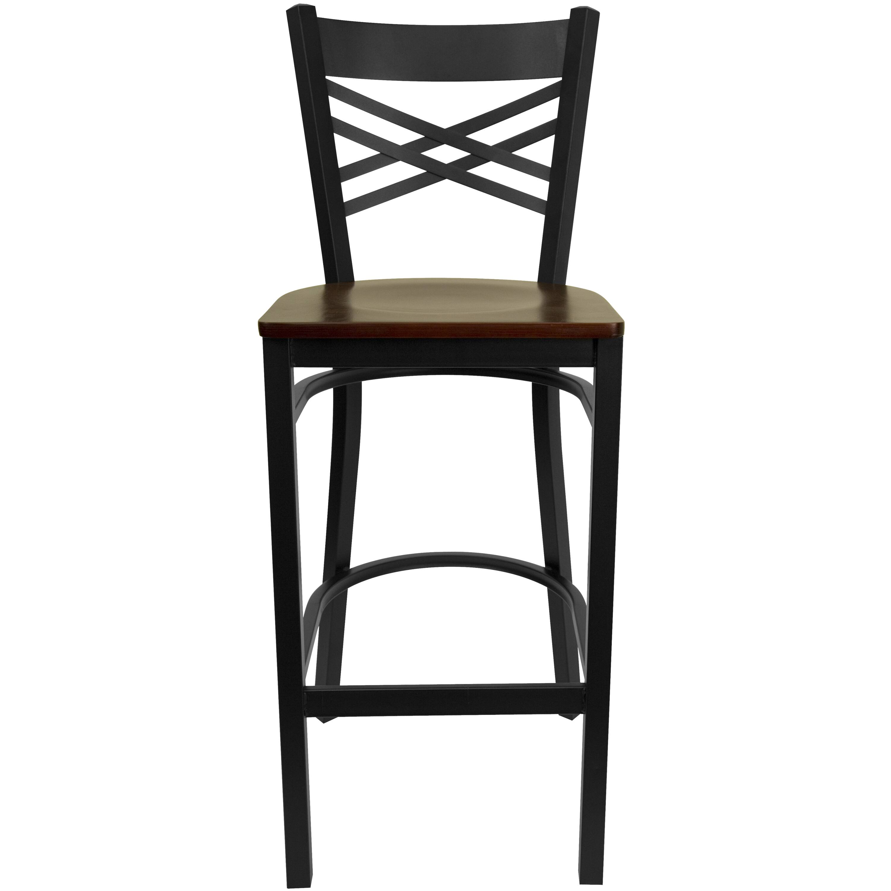 Alt View 5. Emma + Oliver - "X" Back Metal Restaurant Dining Barstool - Mahogany Wood Seat/Black Metal Frame.