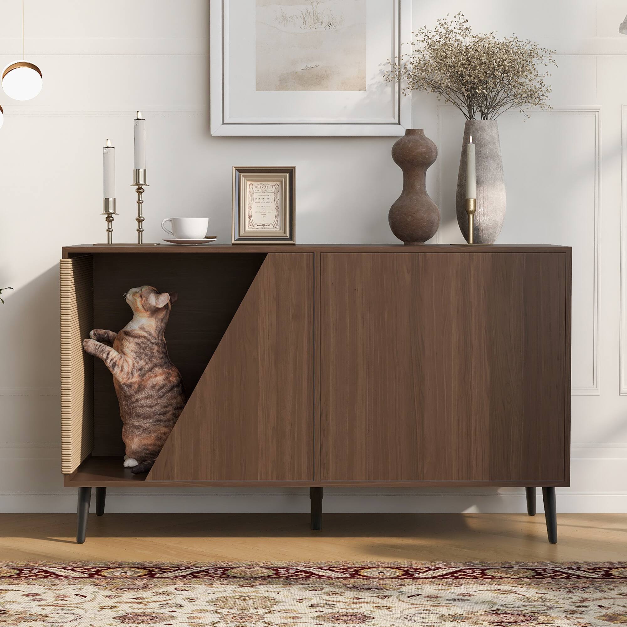 Left. Dexmalle - Dexmalle-2 IN 1 Modern Cabinet Side Table&Cat House with Scatcher,Spring-Loaded Door-Walnut.
