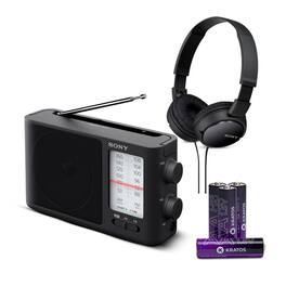 ICF506 Portable Radio with Sony ZX110 Over-Ear Dynamic Stereo Headphones bundle - Black