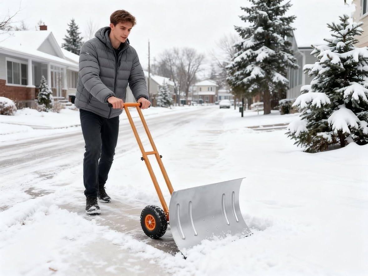 Angle. Babevy - 29" Snow Shovel Pusher with Double Rod, 2-Wheel Heavy Duty Metal Blade & Adjustable Handle for Driveways - Silver.