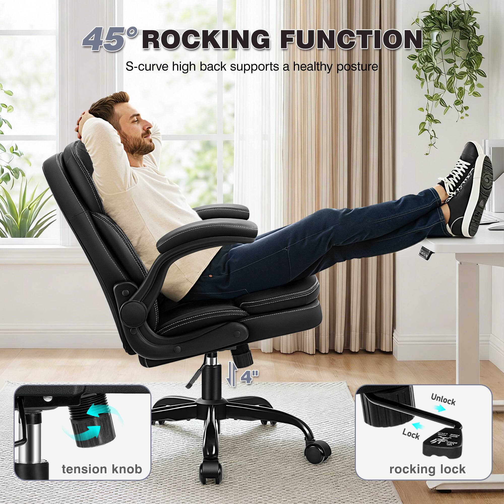45° ROCKING FUNCTION  
S-curve high back supports a healthy posture  

M 14" 4"  
Unlock Lock tension knob rocking lock