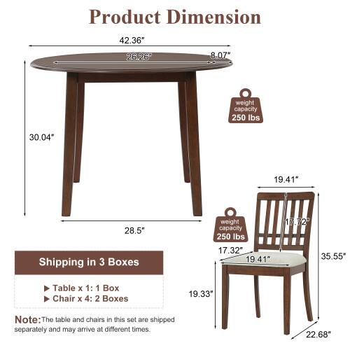 Product Dimension: 42.36" x 26.26" x 8.07"  
Weight Capacity: 250 lbs  
Shipping in 3 Boxes:  
- Table x 1: 1 Box  
- Chair x 4: 2 Boxes  

Chair Dimensions: 30.04" x 19.41" x 28.5"  
Weight Capacity: 250 lbs  
Dimensions: 17.32" x 19.41" x 17.72"  
Table Dimensions: 35.55" x 19.33" x 22.68"  

Note: The table and chairs in this set are shipped separately and may arrive at different times.