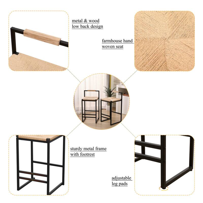 metal & wood low back design farmhouse hand woven seat sturdy metal frame with footrest adjustable leg pads