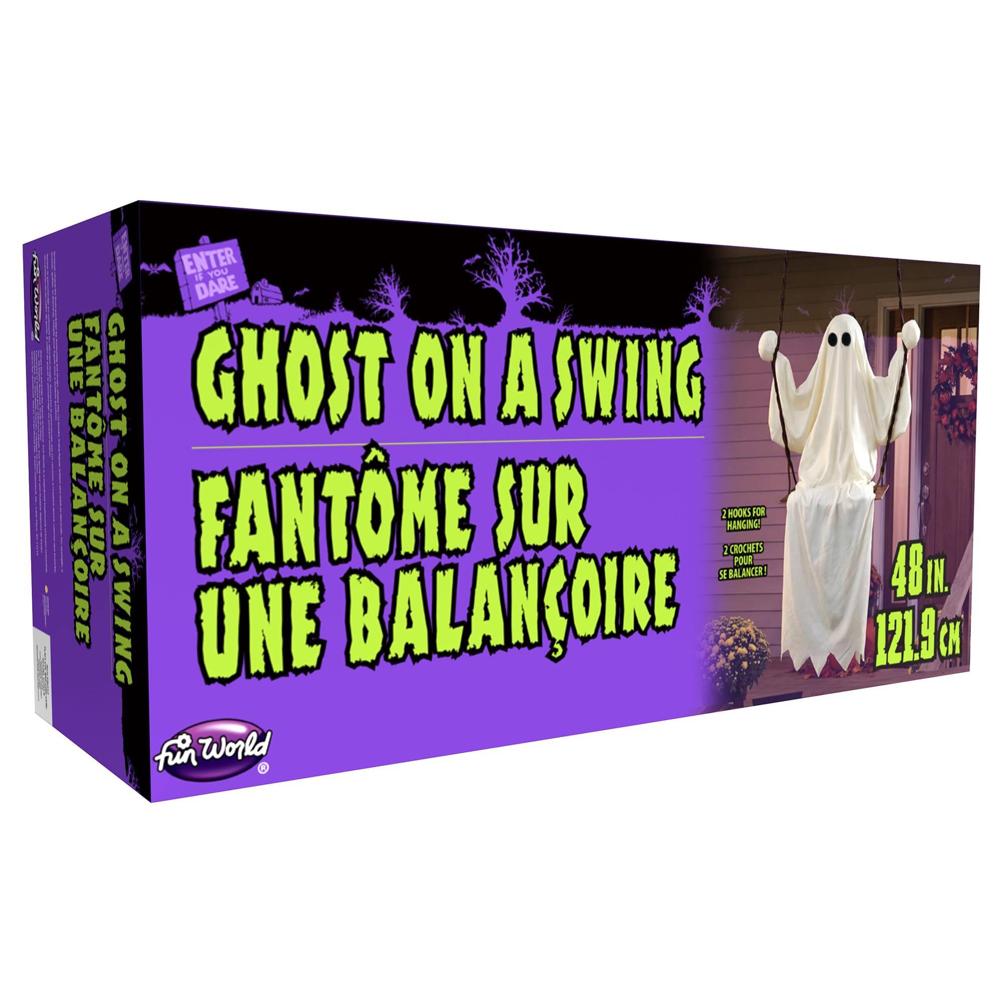 Enter if you dare! Ghost on a swing, Fantôme sur une balançoire. 2 hooks for hanging, 2 crochets pour swing une balançoire. 48 in. 121.9 cm.