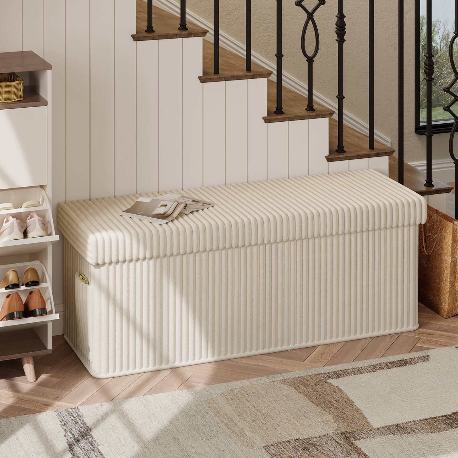 Angle. Pinmoco - Pinmoco- Corduroy Ottoman Plush Foldable Bench with Free Cozy Blanket - Off-White.