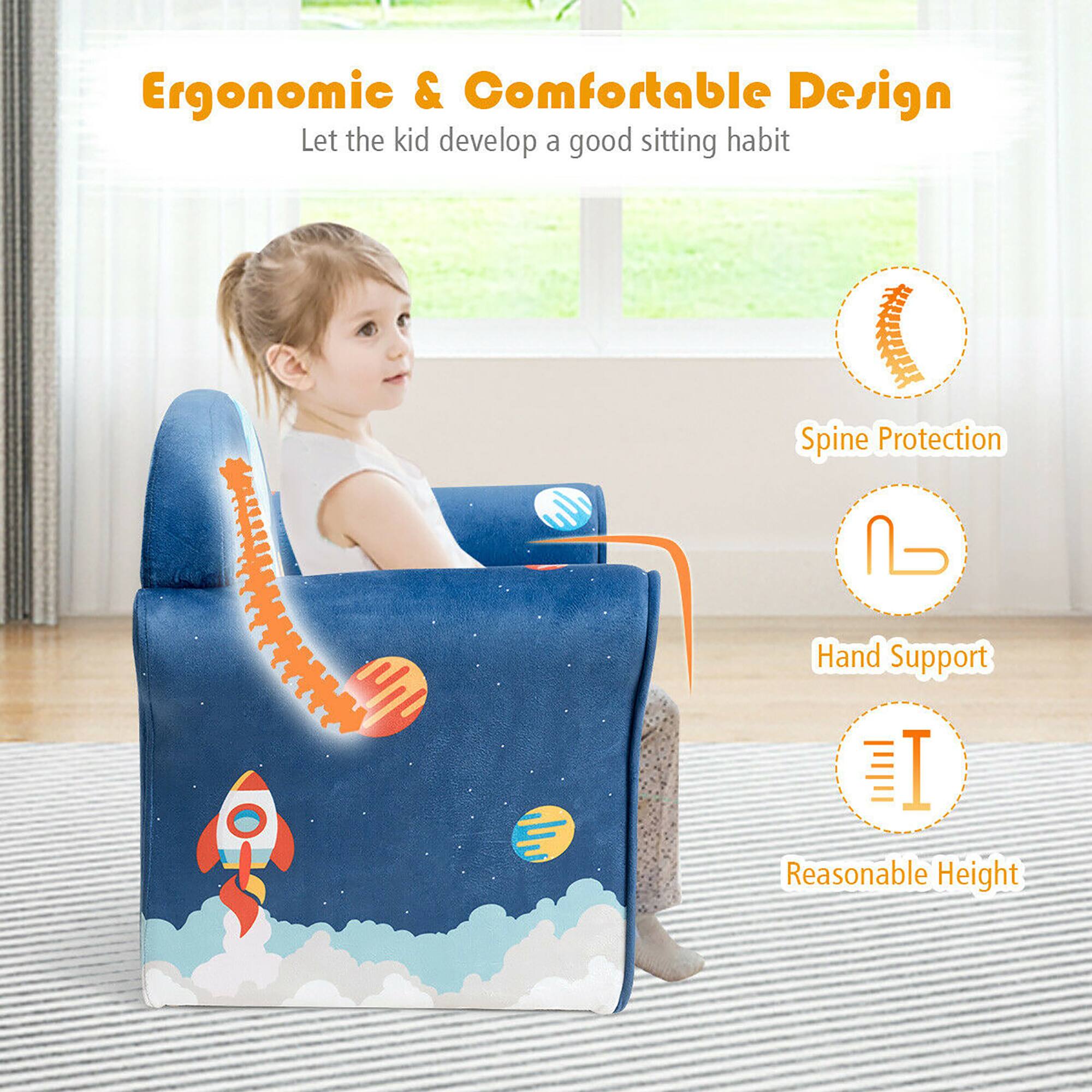 Ergonomic & Comfortable Design  
Let the kid develop a good sitting habit  

- Spine Protection  
- Hand Support  
- Reasonable Height