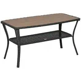 Outsunny - Patio PE Rattan Coffee Table with Storage Shelf, Wicker Side Table with Wood-Plastic Composite Top - Brown