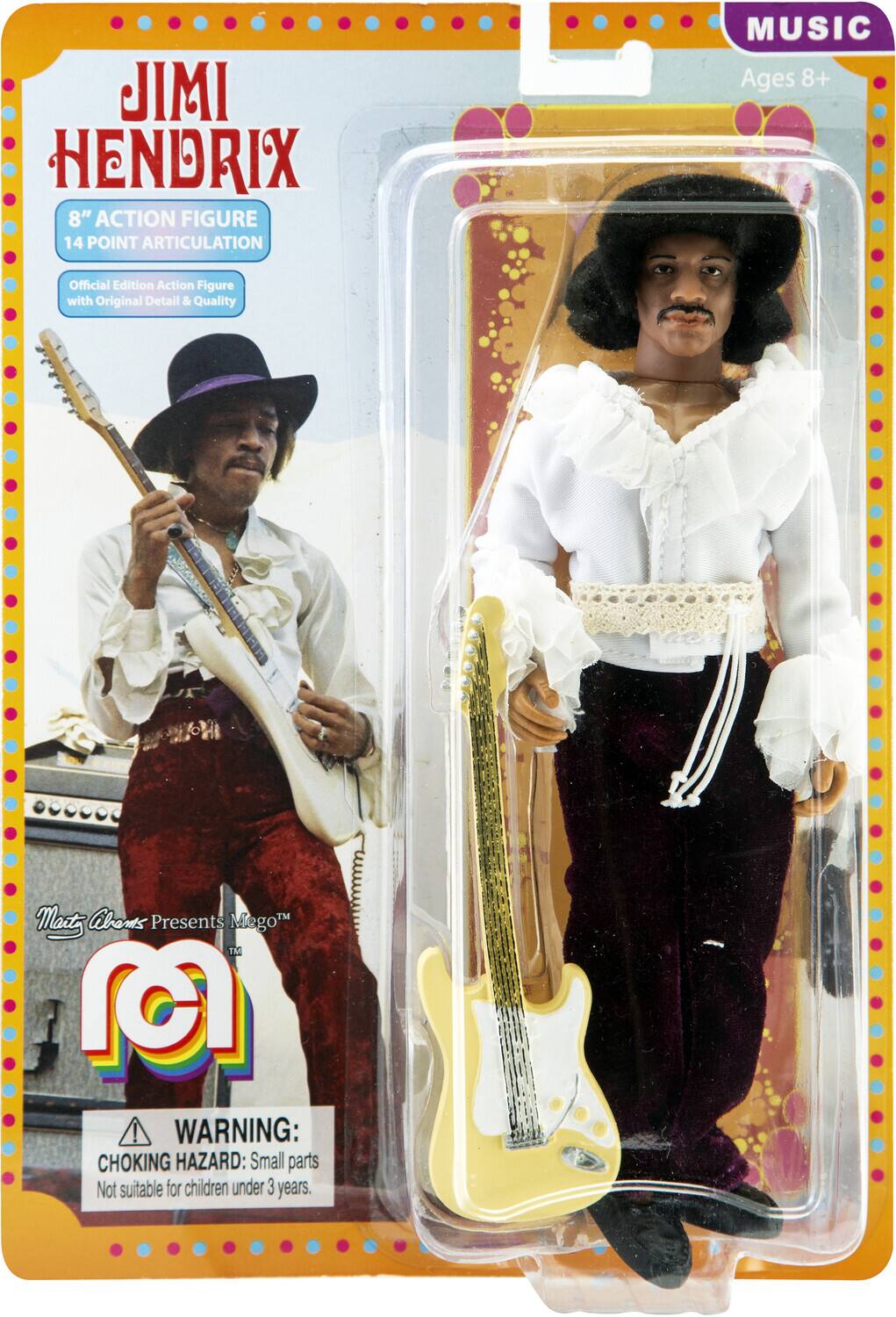 Jimi Hendrix 8" Action Figure 14 Point Articulation Music Ages 8+ Official Edition Action Figure with Original Detail & Quality Mattz Chans Presents Mego™ ! WARNING: CHOKING HAZARD: Small parts Not suitable for children under 3 years.