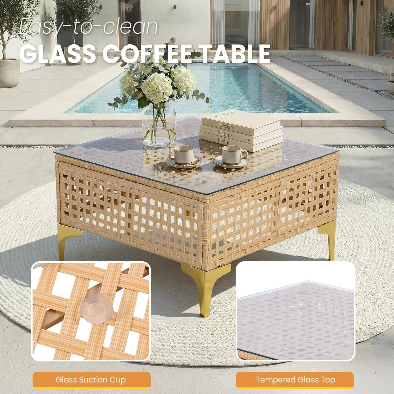 Easy-to-clean GLASS COFFEE TABLE  
Design Nature Living  

Glass Suction Cup  
Tempered Glass Top