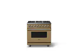 Viking - 36"W 5.6 Cu.Ft. Pro5S Freestanding Sealed 6 Burner Dual Fuel Convection Range - Golden Hour w. Brushed Brass Trim - Golden Hour