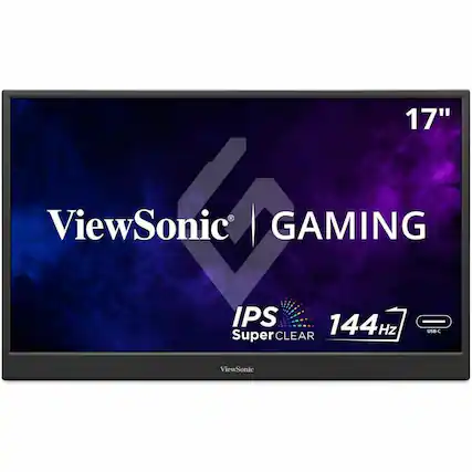 The text on the image is grouped and corrected as follows:
"17" ViewSonic 2 GAMING IPS 144Hz - Hz USB-C Super CLEAR ViewSonic"