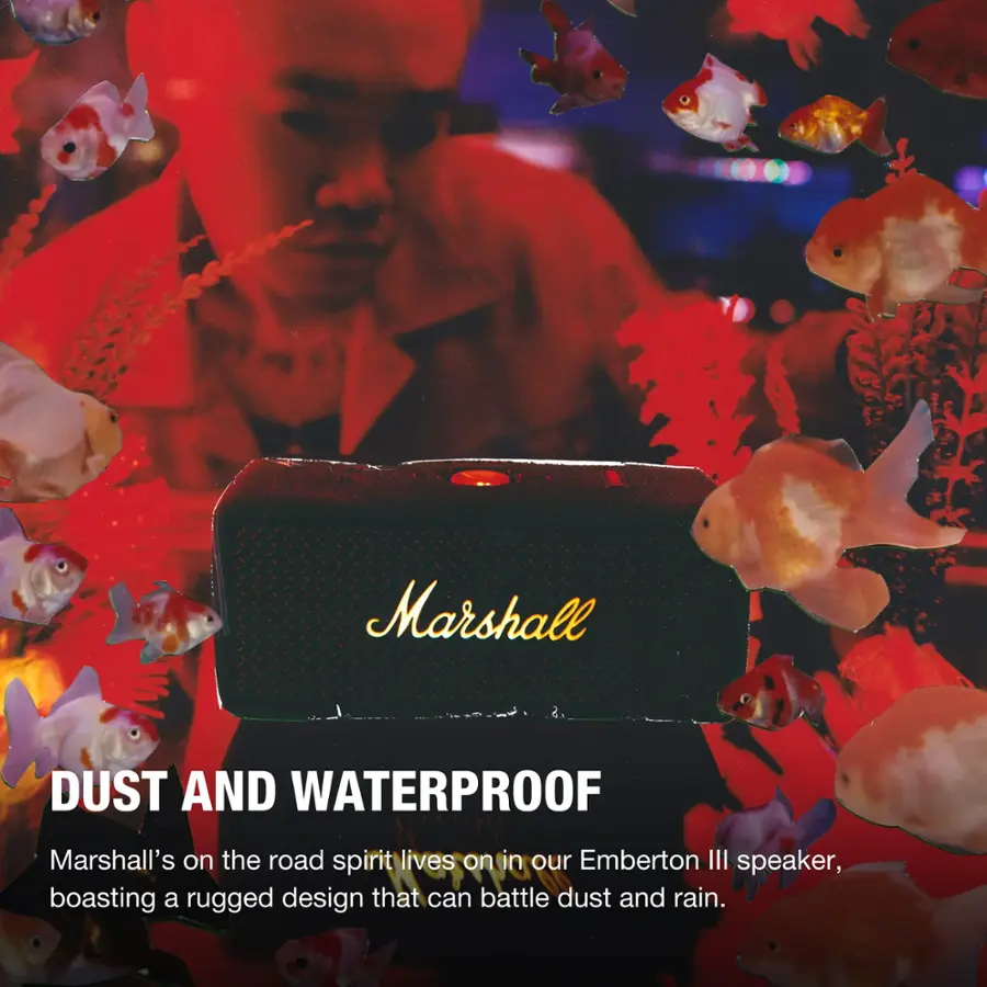 Marshall Dust and Waterproof: Marshall's on the road spirit lives on in our Emberton III speaker, boasting a rugged design that can battle dust and rain.