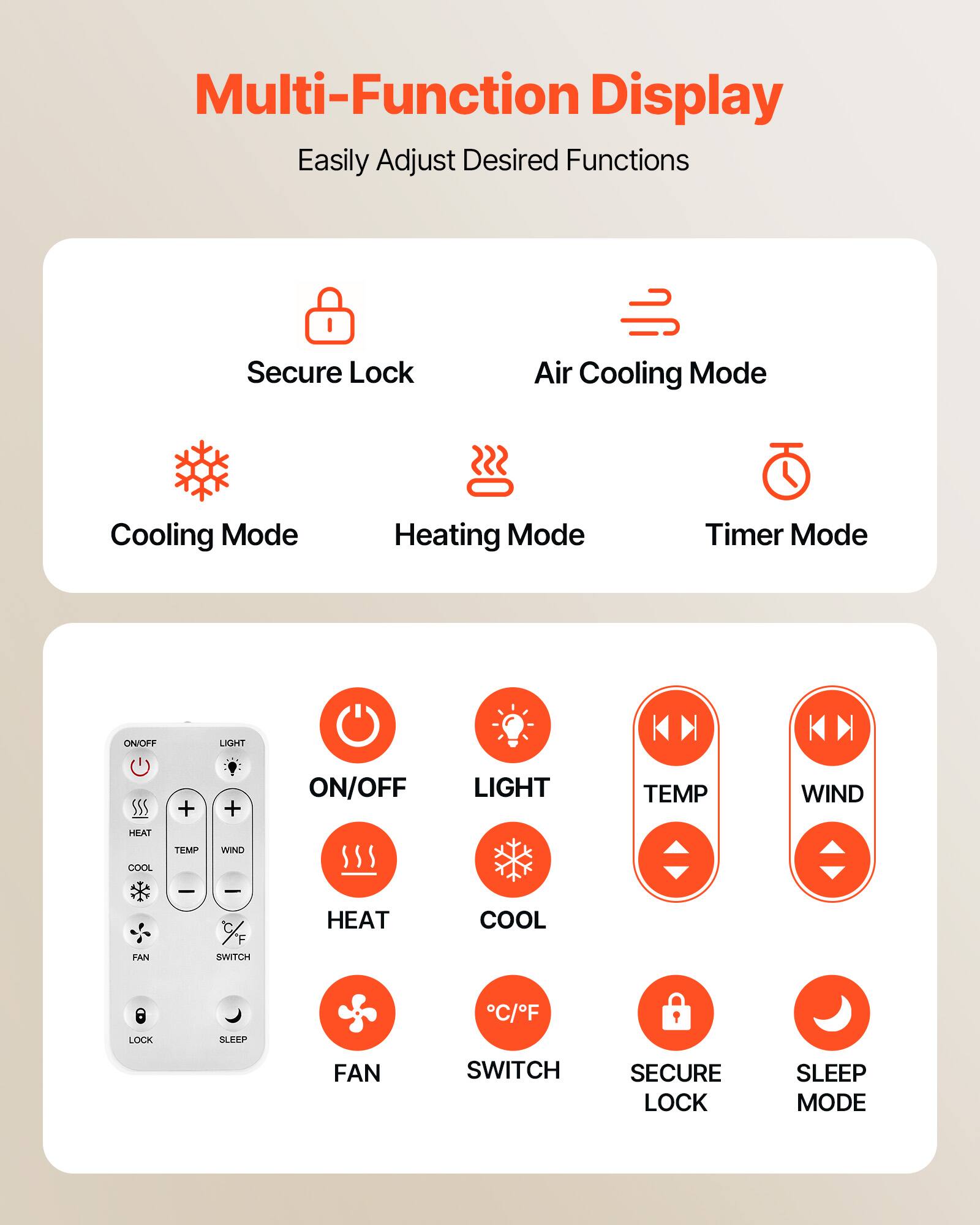 Multi-Function Display  
Easily Adjust Desired Functions  

- Secure Lock  
- Air Cooling Mode  
- Cooling Mode  
- Heating Mode  
- Timer Mode  

- ON/OFF  
- LIGHT  
- TEMP  
- WIND  
- HEAT  
- COOL  
- FAN  
- SWITCH  
- PC/°F  
- SECURE LOCK  
- SLEEP MODE