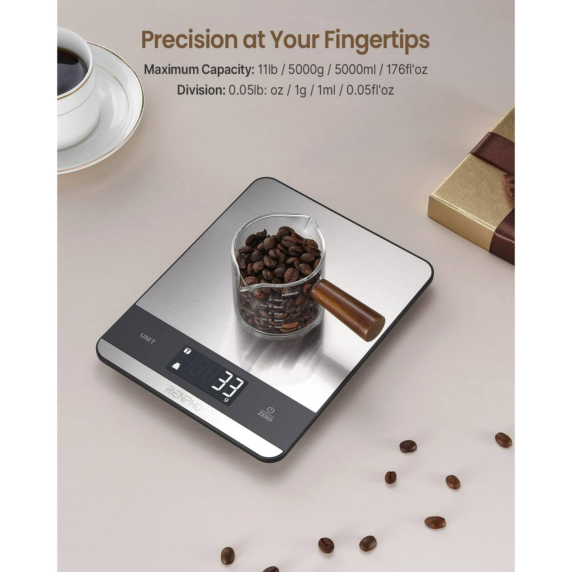 Precision at Your Fingertips

Maximum Capacity: 11lb / 5000g / 5000ml / 176fl'oz

Division: 0.05lb: oz / 1g / 1ml / 0.05fl'oz

UNIT RENPHO 33g

ZERO