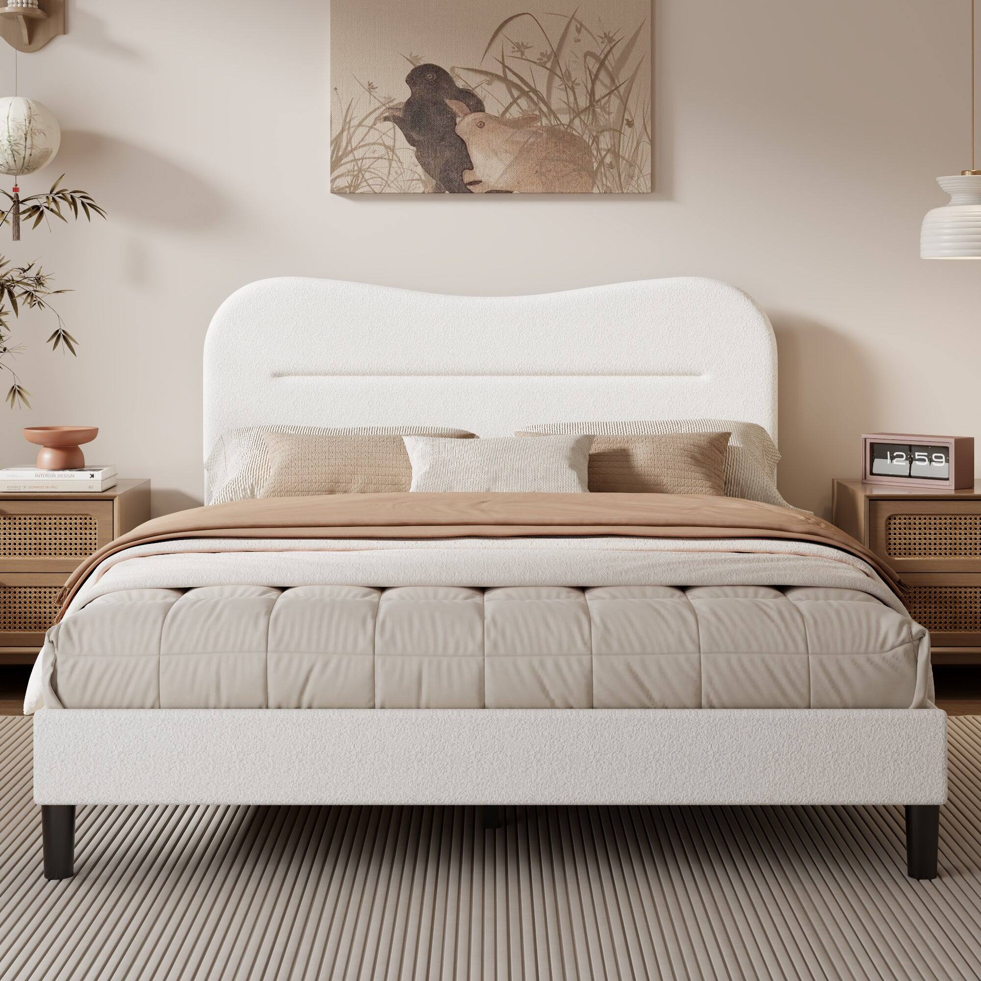 Angle. Furnulem - Bed Frame With Teddy Velvet Soft Curved Headboard Platform Bed With Wooden Slats Support - White.