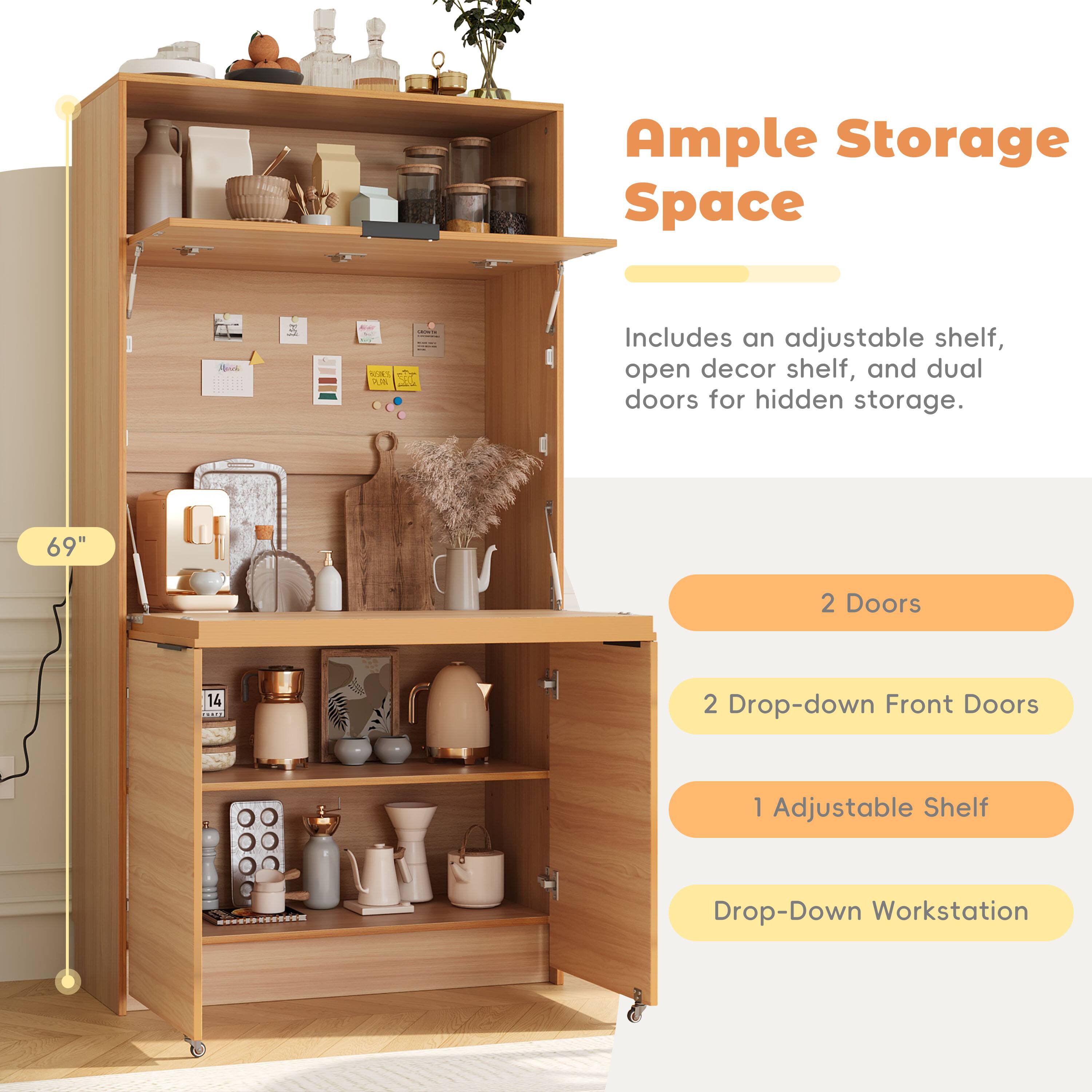 Ample Storage Space  
Includes an adjustable shelf, open decor shelf, and dual doors for hidden storage.  
69"  
2 Doors  
2 Drop-down Front Doors  
1 Adjustable Shelf  
Drop-Down Workstation