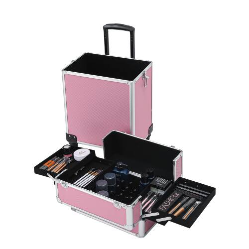 Alt View 4. Winado - 4 in 1 Makeup Train Case Rolling Cosmetic Large Capacity Organizer Key 360°Swivel Wheels for Nail Dresser Hairstylists - Pink.