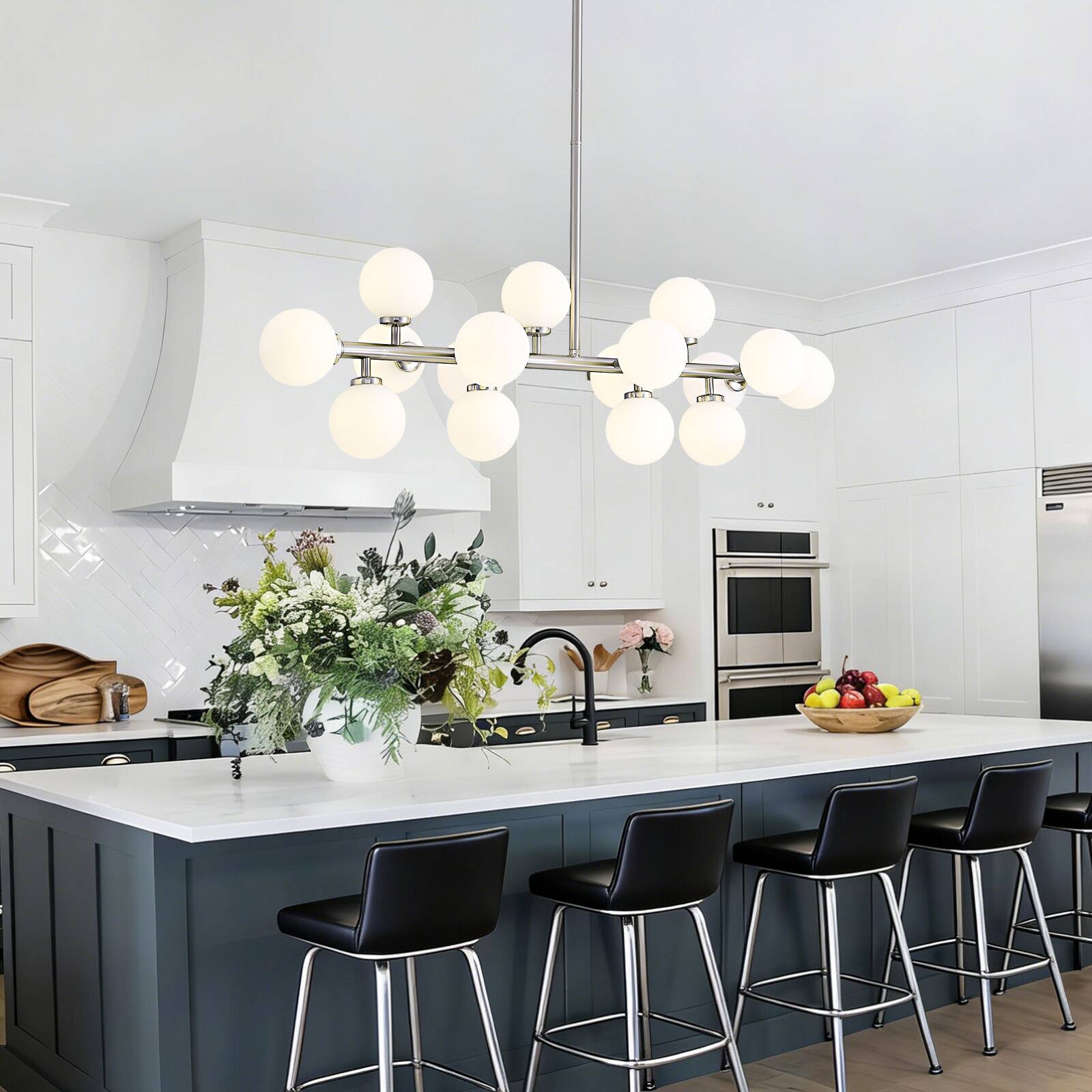 Back. Siljoy - 39.4" Satin Nickel 16-Light Linear Sputnik Chandelier, Modern Adjustable Pendant for Dining Room Kitchen Island - Nickel.
