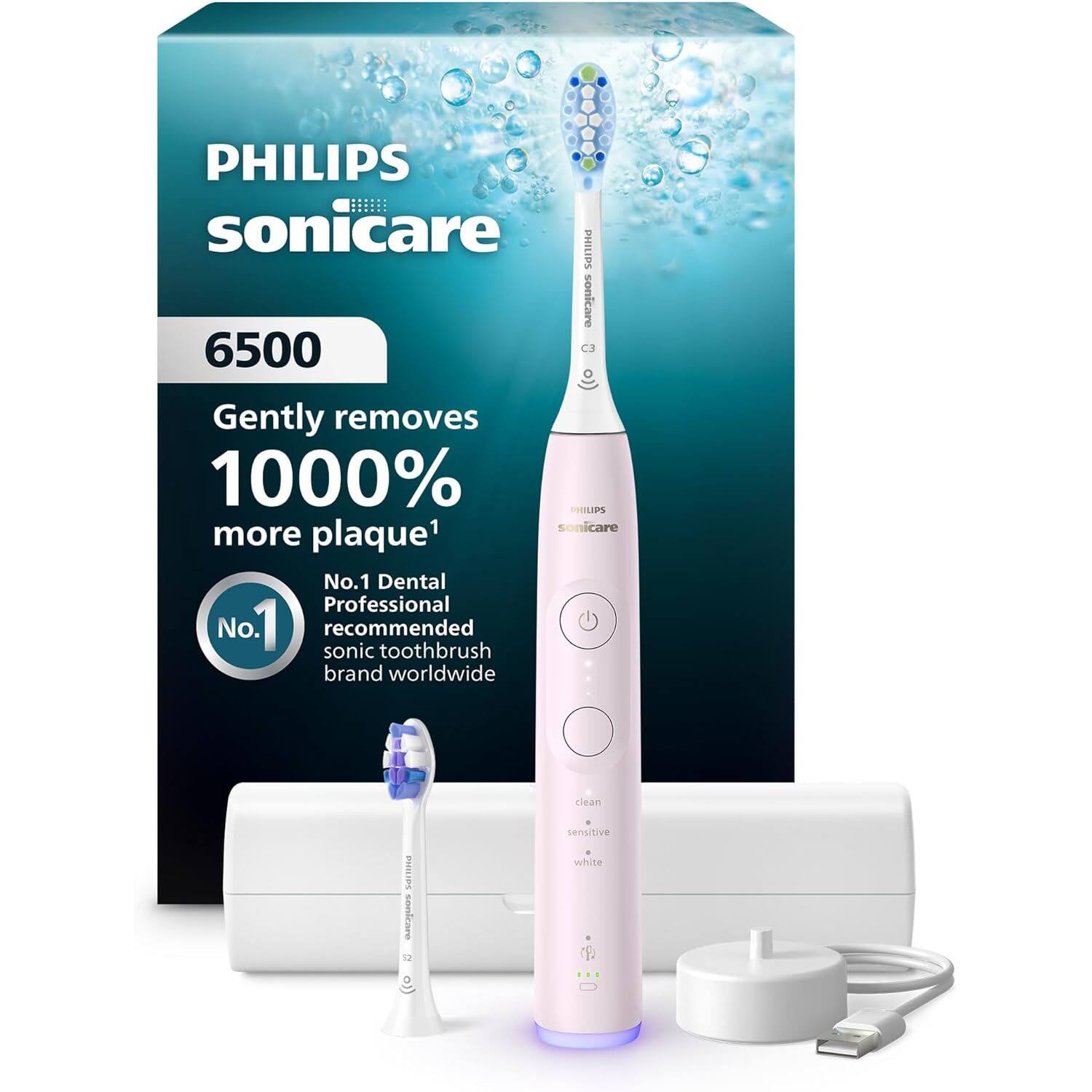 PHILIPS sonicare 6500  
Gently removes 1000% more plaque¹  
No.1 Dental Professional recommended sonic toothbrush brand worldwide  
clean sensitive white