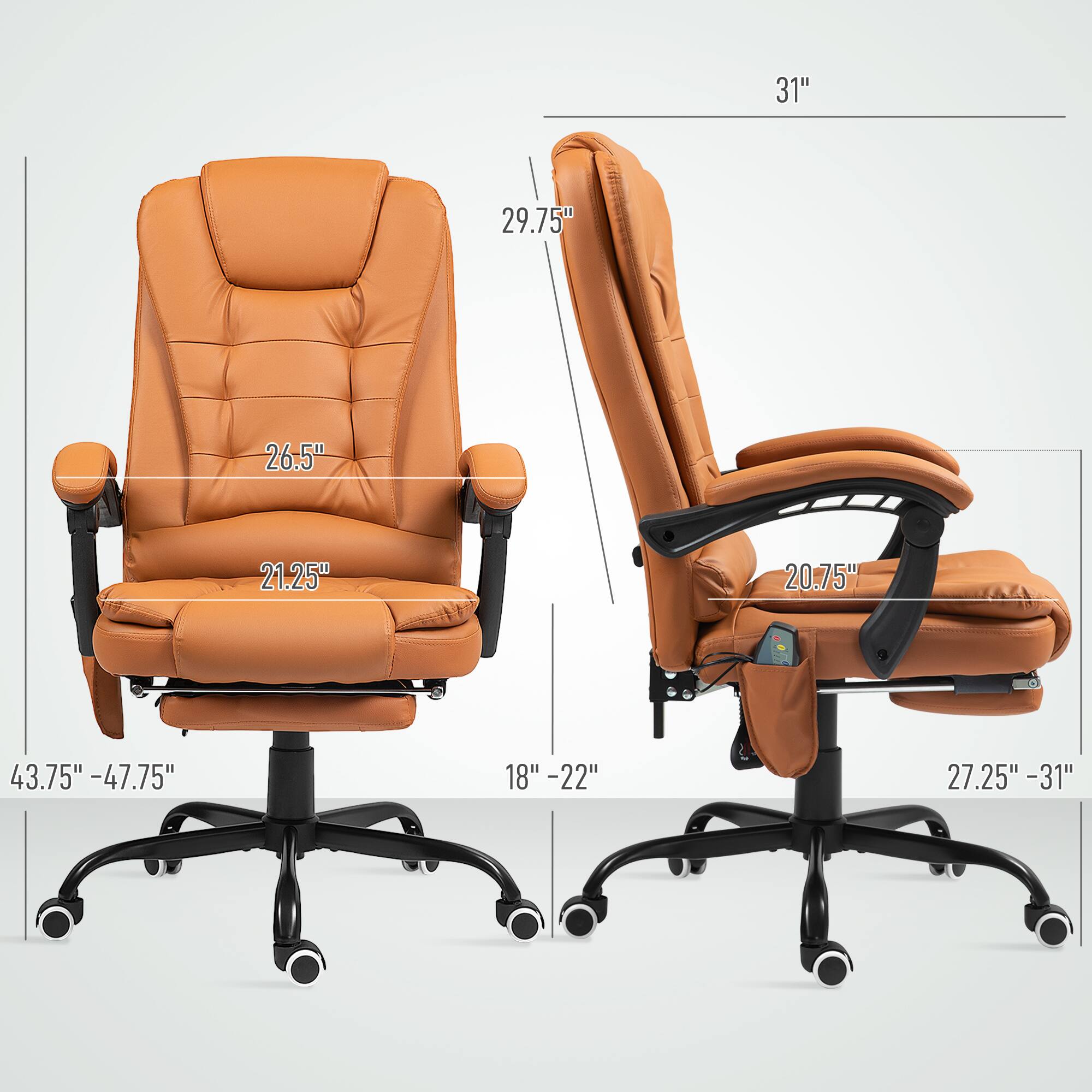 The text can be grouped as follows:

- Height: 31"
- Backrest height: 29.75"
- Seat width: 26.5"
- Seat depth: 21.25"
- Armrest width: 20.75"
- Seat height: 18" - 22"
- Base width: 43.75" - 47.75"
- Base depth: 27.25" - 31"