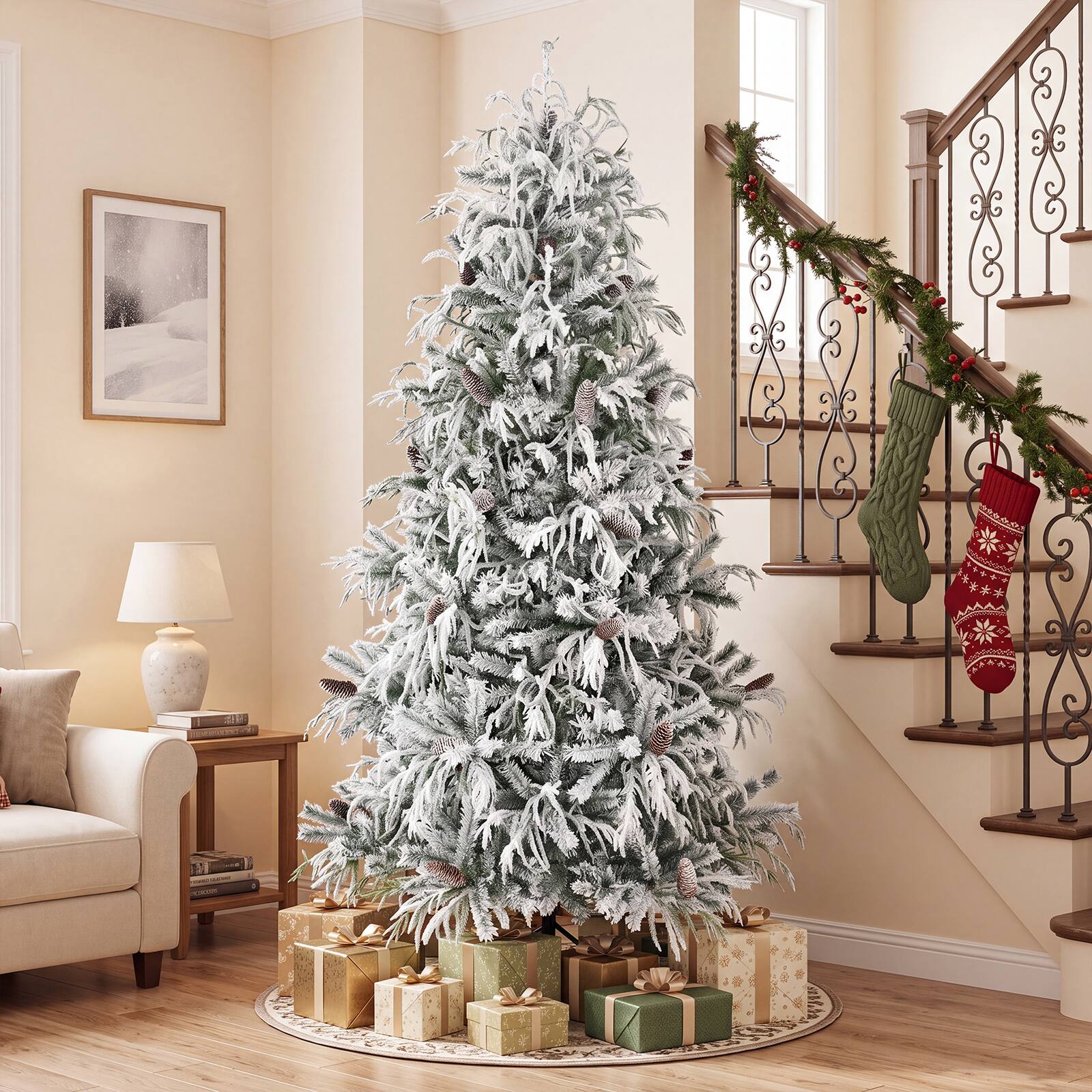 Alt View 4. Costway - Costway 7 ft Flocked Christmas Tree with 825 Branch Tips, 35 Pine Cones, 280 LED Lights - White.