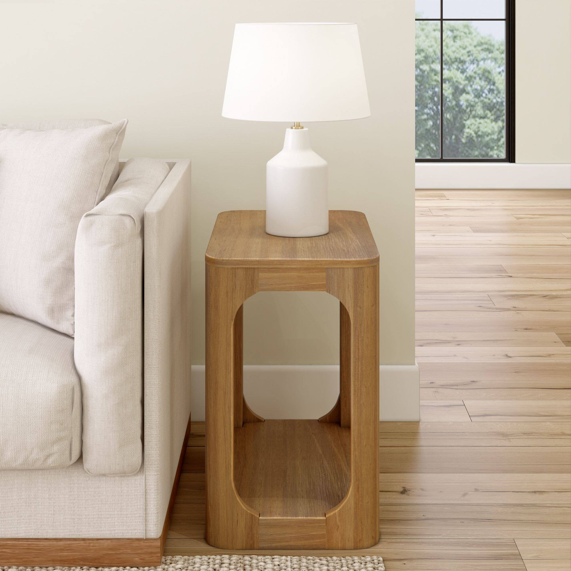 Alt View 1. Plank+Beam - Modern Rounded Rectangular Side Table with Shelf (25in x 15in / 630mm x 375mm), Pecan - Pecan.