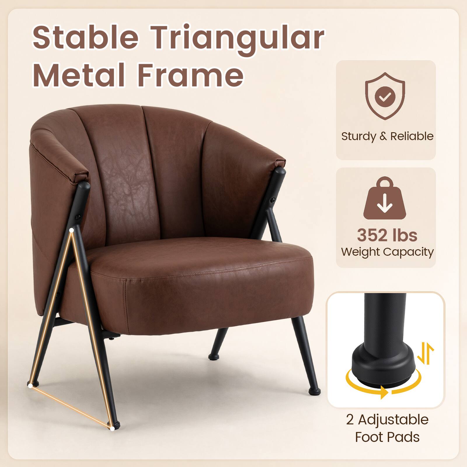 Stable Triangular Metal Frame  
Sturdy & Reliable  
352 lbs Weight Capacity  
2 Adjustable Foot Pads