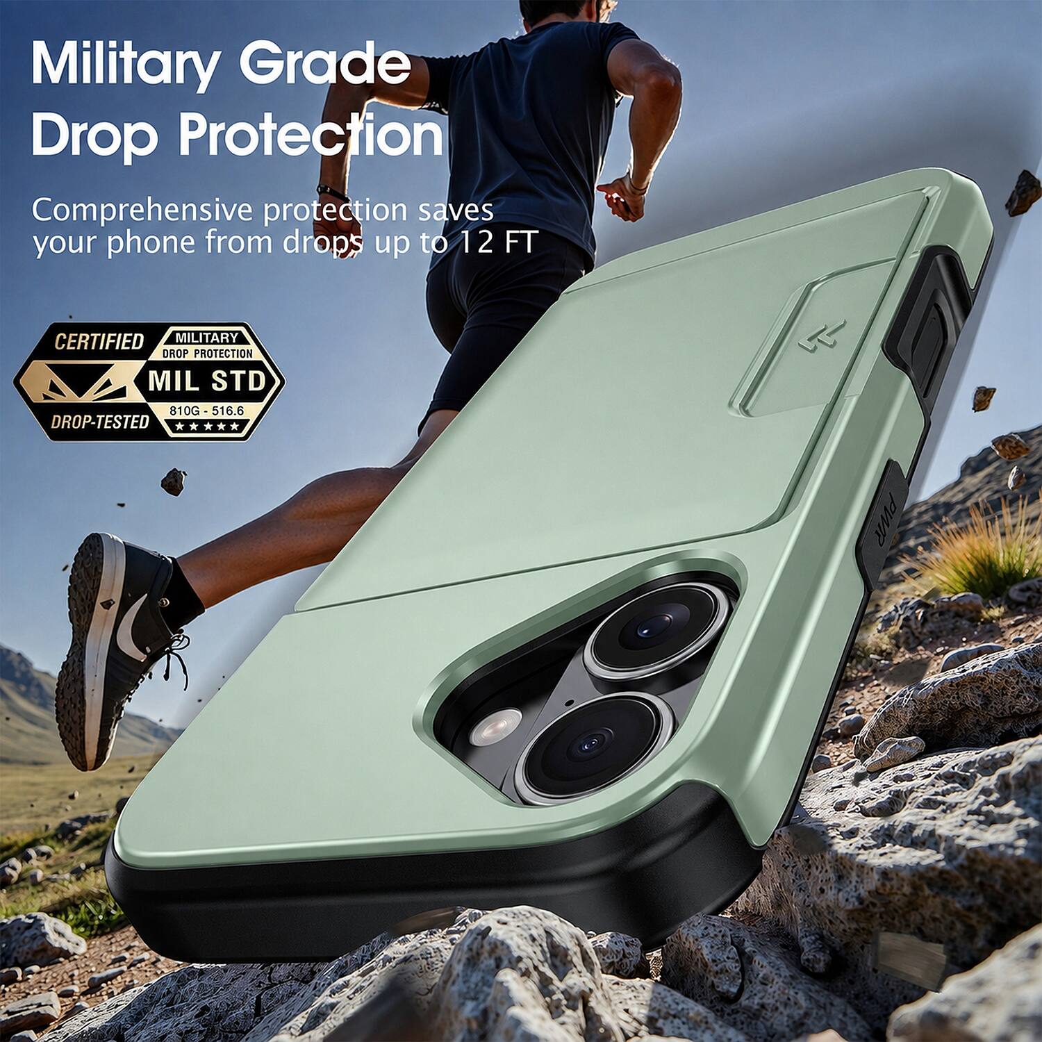 Military Grade Drop Protection  
Comprehensive protection saves your phone from drops up to 12 FT  

CERTIFIED MILITARY DROP PROTECTION  
MIL STD 810G - 516.6 DROP-TESTED