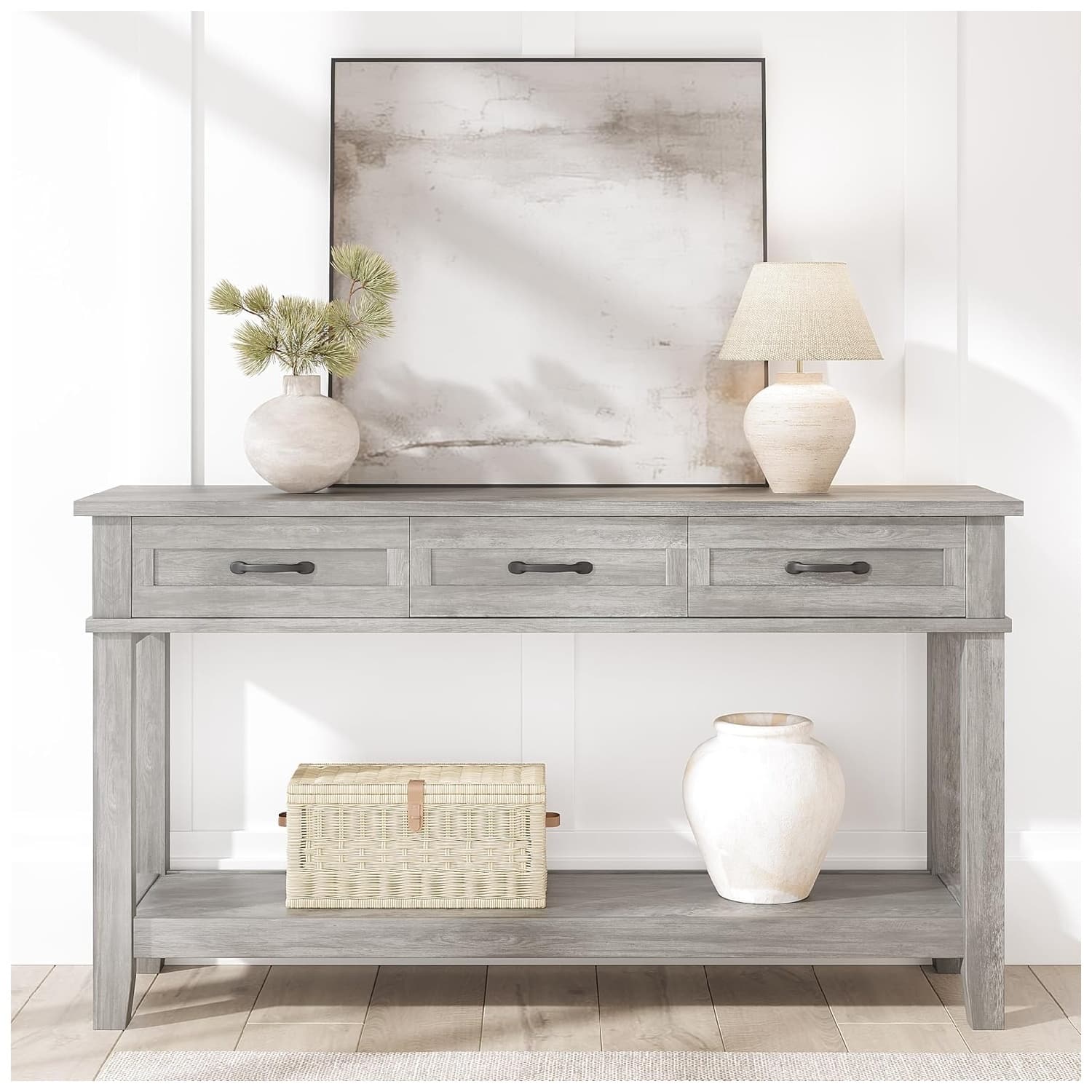Qeetex - Entryway Table, Console Table with 3 Storage Drawers, 3 Tier Farmhouse Wooden Sofa Table - Gray